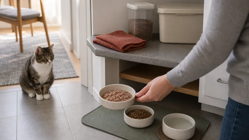 Cat waiting beside wet and dry cat food bowls, water, and sealed unbranded storage containers
