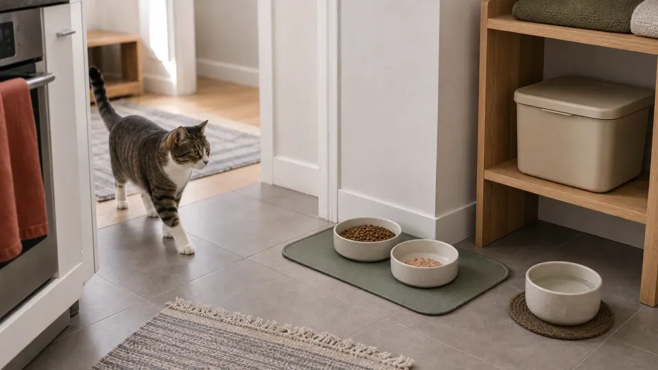 Cat approaching a clean feeding station with ceramic bowls, a separated water bowl, and sealed food storage nearby