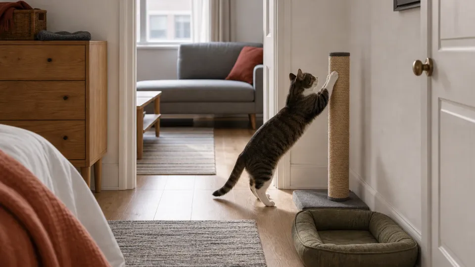 Cat stretching on a scratching post placed beside a doorway route and cat bed