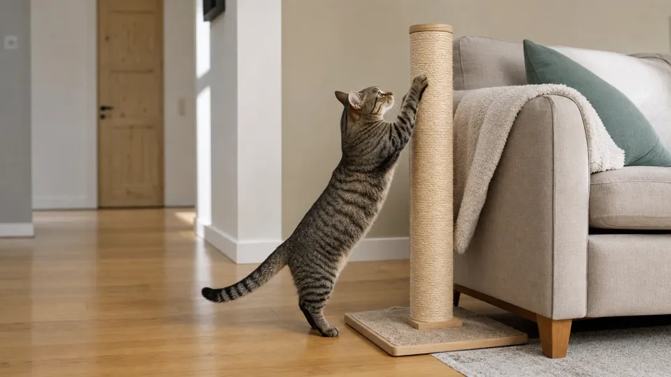 Cat stretching on a tall sisal scratching post beside a protected sofa arm in a living room