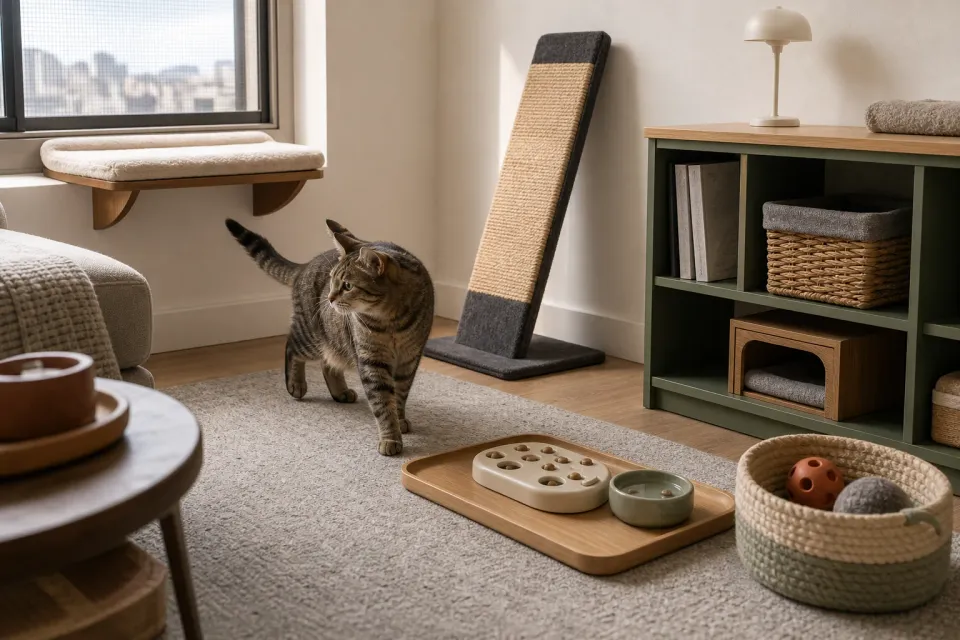 Indoor cat moving through a compact apartment enrichment route with window perch, scratcher, puzzle feeder, and toy basket