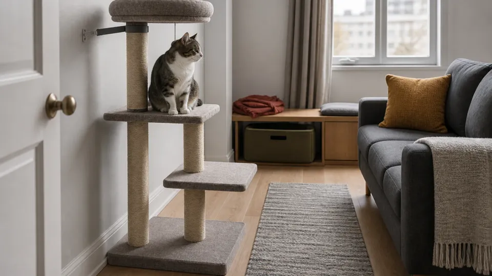 Cat sitting on a medium-height cat tree with a wide base beside a sofa and clear floor route