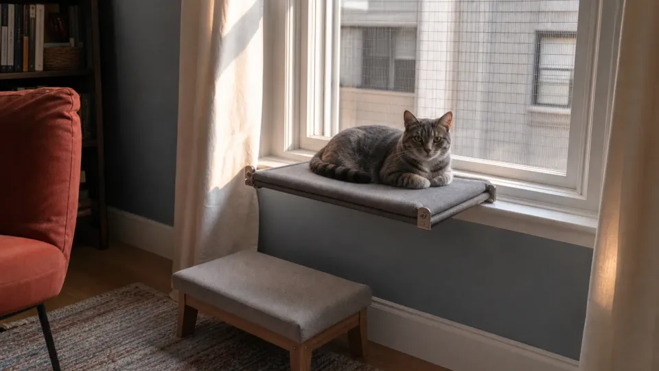 Cat resting on a low window perch beside a closed window with a stable step below