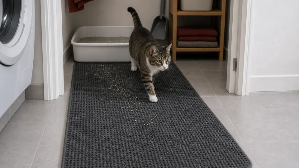 Cat walking across a charcoal litter mat on the exit path from a clean open litter tray