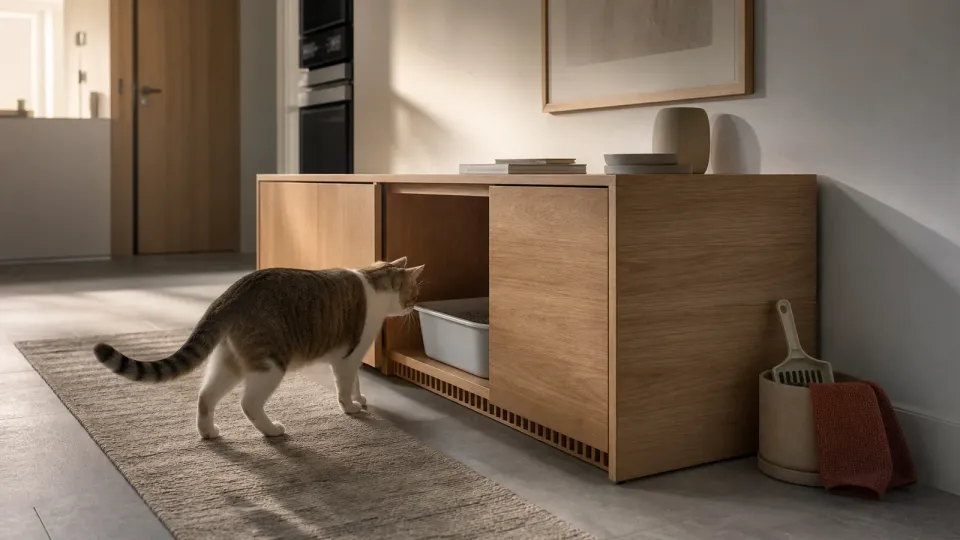 Cat approaching a wooden litter box enclosure with the clean tray visible inside and a scoop caddy nearby