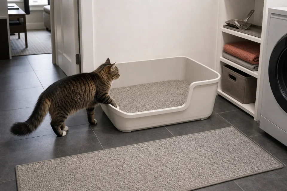 Large adult cat entering an extra-large open litter box with a low front entry in a utility room