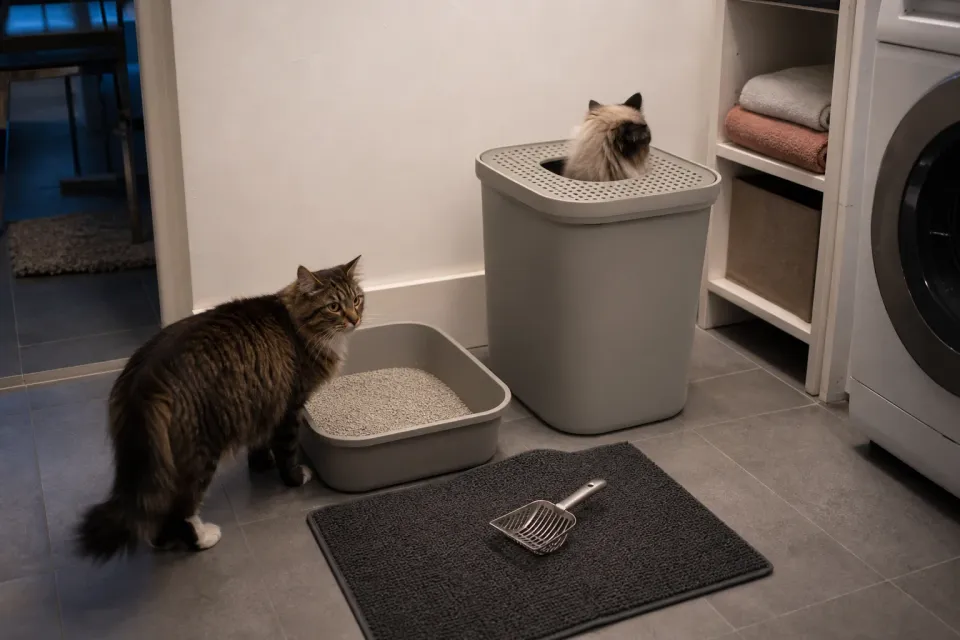 Two cats comparing a top-entry litter box with a low-entry open litter tray in a laundry nook