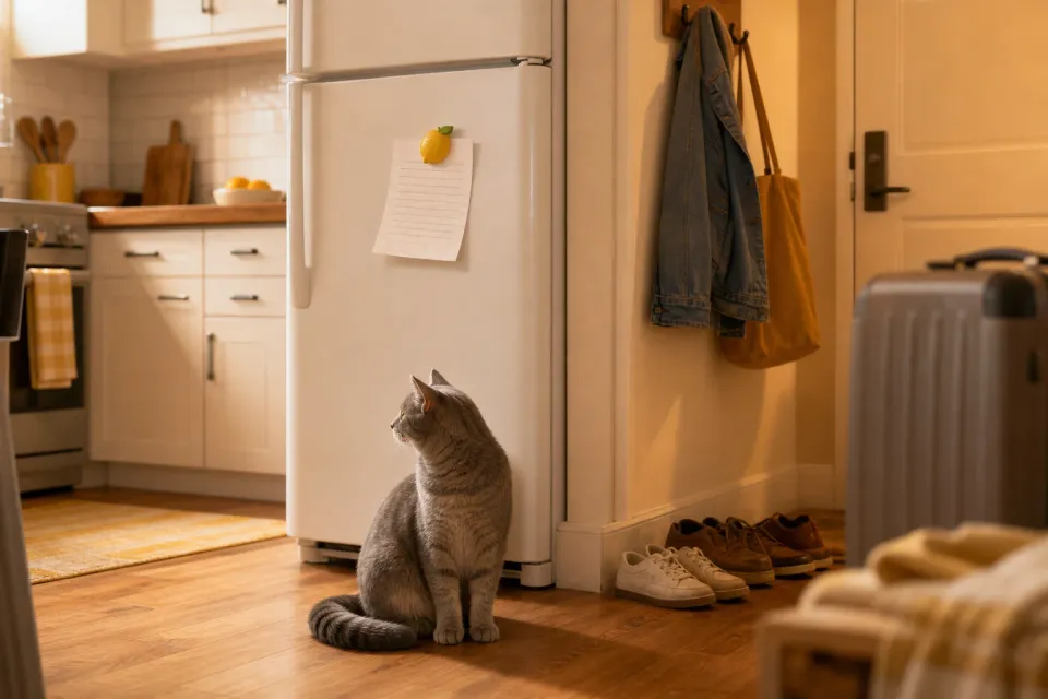 Editorial illustration of a gray cat sitting near shoes by an apartment door while a simple cat sitter note stays on the fridge