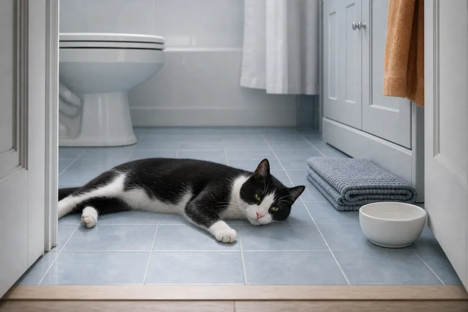Editorial illustration of a black and white cat resting on cool bathroom tile near a clean water bowl during a hot summer afternoon