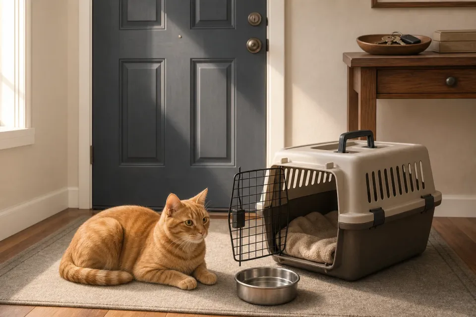 Editorial illustration of an orange cat resting near an open carrier by an apartment door with a familiar towel inside